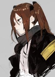 Rule 34 | 1girl, black jacket, brown eyes, brown hair, closed mouth, commentary, english commentary, from side, girls&#039; frontline, grey scarf, hair between eyes, highres, hiranko, jacket, long hair, long sleeves, open clothes, open jacket, scarf, shirt, smile, solo, twintails, ump9 (girls&#039; frontline), upper body, white shirt