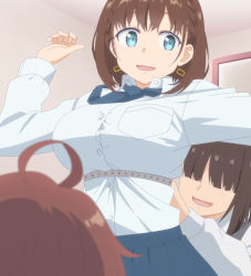 Rule 34 | 3girls, absurdres, ahoge, ai-chan (tawawa), arm up, blue neckwear, blue skirt, blush, braid, breasts, brown hair, bust measuring, earrings, getsuyoubi no tawawa, hair over eyes, highres, jewelry, large breasts, long sleeves, measuring, multiple girls, necktie, open mouth, pleated skirt, school uniform, screencap, shirt, short hair, side braid, skirt, stitched, tape measure, third-party edit, volley-bu-chan (tawawa), white shirt