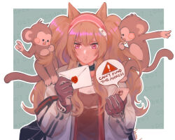 Rule 34 | 1girl, angelina (arknights), animal, animal ears, animal on shoulder, arknights, bag, black bag, black collar, black gloves, black shirt, brown hair, collar, envelope, fox ears, fox girl, gloves, hair ornament, hairband, hairclip, holding, holding envelope, infection monitor (arknights), jacket, long hair, monkey, off shoulder, open clothes, open jacket, red eyes, shirt, shoulder bag, solo, towne, twintails, upper body, wax seal, white jacket
