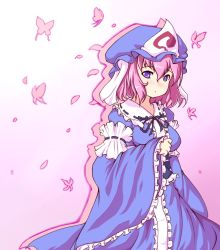 Rule 34 | 1girl, bad id, bad pixiv id, blue eyes, breasts, bug, butterfly, cherry blossoms, female focus, ghost, gradient background, hat, insect, japanese clothes, medium breasts, moisture (chichi), petals, pink hair, purple eyes, saigyouji yuyuko, short hair, smile, solo, touhou, triangular headpiece