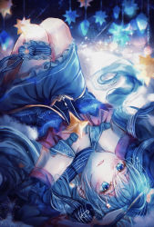 Rule 34 | 1girl, ai (polaris), arm up, bare shoulders, blue dress, blue eyes, blue hair, blue ribbon, blue sleeves, bridal garter, commentary, constellation print, detached sleeves, dress, english commentary, engrish commentary, frilled dress, frills, hair ornament, hair ribbon, hairclip, hatsune miku, highres, holding, holding wand, knees up, light smile, long hair, lying, mixed-language commentary, mobile, on back, parted lips, ribbon, sleeveless, sleeveless dress, solo, staff (music), star (symbol), star hair ornament, star ornament, star print, stellated octahedron, striped ribbon, treble clef, twintails, upside-down, very long hair, vocaloid, wand, yuki miku, yuki miku (2017)