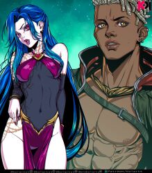 Rule 34 | 1boy, 1girl, abs, absurdres, alternate costume, alternate hairstyle, arcane: league of legends, arm at side, asymmetrical bangs, bare shoulders, blue hair, body freckles, braces, breasts, collarbone, copyright request, cowboy shot, dark-skinned male, dark skin, dreadlocks, dress, earrings, ekko (league of legends), firelight ekko, freckles, green jacket, groin, heart, highres, jacket, jewelry, koiarts, league of legends, medium breasts, nail polish, nipples, open clothes, open jacket, open mouth, pale skin, pelvic curtain, pink lips, red nails, see-through, see-through dress, tongue