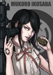Rule 34 | 1girl, absurdres, black hair, blue eyes, bow, buttons, character name, collared shirt, danganronpa: trigger happy havoc, danganronpa (series), ears, english text, explosive, eyebrows, eyebrows hidden by hair, female focus, fingernails, freckles, grenade, grenade pin, grenade pin in mouth, grey background, gun, gun request, hand tattoo, hands up, highres, holding, holding gun, holding weapon, ikusaba mukuro, long hair, looking at viewer, bowtie, neck ribbon, nose, open mouth, parted bangs, parted hair, portrait, red bow, red lips, red ribbon, ribbon, rifle, shirt, short sleeves, simple background, solo, solo focus, tattoo, teeth, upper body, weapon, weapon request, white shirt