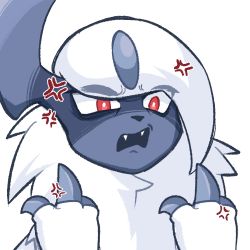 Rule 34 | absol, anger vein, angry, asymmetrical hair, bags under eyes, bright pupils, claws, constricted pupils, creatures (company), disgust, double middle finger, fangs, game freak, gen 3 pokemon, hanamoru, hands up, middle finger, nintendo, no humans, open mouth, pokemon, pokemon (creature), red eyes, shaded face, short hair, simple background, solo, upper body, white background, white hair, white pupils
