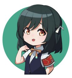 Rule 34 | 1girl, aqua shirt, armband, artist name, artist request, black hair, black vest, blue hair, bow, bowtie, breasts, buttons, chibi, collared shirt, dark blue hair, dark green hair, hair between eyes, hair bow, hair ribbon, highres, looking at viewer, love live!, love live! nijigasaki high school idol club, mifune shioriko, neck ribbon, nijigasaki school uniform, orange eyes, parted lips, red armband, red eyes, ribbon, school uniform, sharp teeth, shirt, short hair, short sleeves, small breasts, smile, solo, sweater vest, teeth, upper body, vest, white background, white bow, white ribbon, white shirt, yellow bow, yellow ribbon