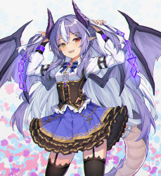 Rule 34 | 1girl, black garter belt, black garter straps, black thighhighs, blue skirt, blush, breasts, colored inner hair, dragon girl, dragon horns, dragon tail, dragon wings, garter belt, garter straps, hair ornament, hairclip, heterochromia, highres, horns, long hair, looking at viewer, multicolored eyes, multicolored hair, open mouth, purple wings, red eyes, shaoxiao, shirt, skirt, small breasts, smile, solo, tail, thighhighs, twintails, white shirt, wings, yellow eyes