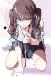 Rule 34 | 1girl, bare shoulders, blue shirt, blue skirt, blush, breasts, brown hair, buttons, cleavage, collarbone, hand on floor, heart, highres, kneeling, large breasts, long hair, looking at viewer, miniskirt, open mouth, original, pink ribbon, pleated skirt, red eyes, ribbon, shirt, short sleeves, skirt, socks, solo, sweat, sweatdrop, twintails, wata (attaka towel), white socks
