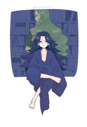 Rule 34 | 2boys, absurdres, barefoot, blue hair, blue robe, bookshelf, diting (the legend of luoxiaohei), green hair, highres, horns, kizumi-cp-loveww, laojun (the legend of luoxiaohei), long hair, multiple boys, oversized clothes, pointy ears, profile, robe, single horn, luo xiaohei zhanji