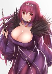 Rule 34 | 1girl, blush, breasts, cleavage, detached collar, dress, fate/grand order, fate (series), feather trim, hair between eyes, headpiece, highres, holding, holding wand, jewelry, john zhang, large breasts, long hair, long sleeves, looking at viewer, pantyhose, pendant, purple dress, purple hair, purple pantyhose, red eyes, scathach (fate), scathach skadi (fate), simple background, solo, tiara, wand, white background, wide sleeves
