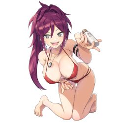 Rule 34 | 1girl, :d, barefoot, bikini, breasts, cleavage, cross, cross earrings, dog tags, dolphin wave, earrings, feet, full body, grey eyes, highres, jewelry, kneeling, kurenashi yuuri, large breasts, long hair, looking at viewer, navel, official art, open mouth, ponytail, red bikini, red hair, sharp teeth, smile, solo, swimsuit, teeth, thigh gap, toes, transparent background