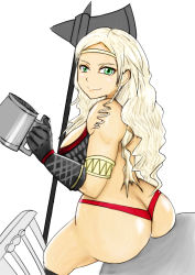 Rule 34 | 1girl, amazon (dragon&#039;s crown), armlet, armor, ass, axe, bare shoulders, bikini armor, blonde hair, boots, breasts, butt crack, chair, circlet, cup, dragon&#039;s crown, gloves, green eyes, huge ass, large breasts, long hair, looking at viewer, mug, polearm, sitting, smile, table, thong, vanillaware, weapon