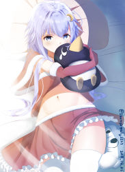Rule 34 | 1girl, alternate costume, bad id, bad pixiv id, blue eyes, crescent, crescent pin, elbow gloves, failure penguin, gloves, gradient background, hair between eyes, highres, kantai collection, looking at viewer, lying, miss cloud, navel, on back, on bed, pillow, purple hair, red skirt, santa costume, santa gloves, shanghmely, shawl, short hair with long locks, skirt, solo, thighhighs, white gloves, yayoi (kancolle)