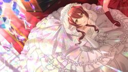 Rule 34 | 2girls, blush, bridal veil, bride, brown hair, chandelier, collarbone, dress, elbow gloves, glint, gloves, holding hands, idolmaster, idolmaster shiny colors, light smile, looking at viewer, looking up, multiple girls, official art, osaki tenka, red carpet, solo focus, veil, wedding dress, white dress, white gloves, wife and wife