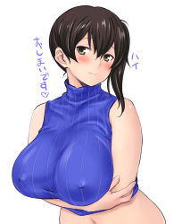 Rule 34 | 10s, 1girl, bare shoulders, blush, breast hold, breasts, brown hair, covered erect nipples, hair between eyes, highres, huge breasts, kaga (kancolle), kantai collection, looking at viewer, navel, ribbed sweater, shoumaru (gadget box), side ponytail, smile, solo, sweater, translated, white background, yellow eyes