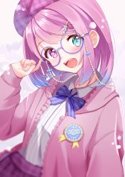 Rule 34 | 1girl, :d, badge, beret, blue-framed eyewear, blue eyes, blurry, blurry foreground, blush, bow, bowtie, candy hair ornament, collared shirt, eyewear strap, food-themed hair ornament, gem, glasses, hair ornament, hairclip, hand up, hat, heterochromia, highres, himemori luna, hololive, hood, hoodie, kowano, looking at viewer, open mouth, pearl (gemstone), pink eyes, pink hair, plaid, plaid skirt, purple hair, shirt, short hair, skirt, smile, solo, virtual youtuber