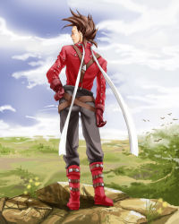Rule 34 | 00s, 1boy, belt, boots, brown hair, buttons, cloud, flower, full body, gloves, hand on own hip, hip focus, landscape, lloyd irving, male focus, nannnann, nature, aged up, outdoors, pants, profile, shoes, short hair, sky, solo, standing, suspenders, tales of (series), tales of symphonia