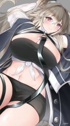 Rule 34 | 1girl, anchorage (azur lane), arms up, azur lane, bikini, black bikini, black coat, black shorts, blush, breasts, brown hair, cleavage, closed mouth, coat, commentary request, cowboy shot, crossed bangs, grey background, groin, hair between eyes, highres, huge breasts, large breasts, looking at viewer, megumi kei, midriff, navel, off shoulder, purple eyes, shirt, short shorts, shorts, sidelocks, signature, smile, solo, swimsuit, thigh strap, tied shirt, twintails, white sleeves, wide sleeves