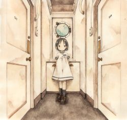 Rule 34 | 1girl, absurdres, arms behind back, black hair, child, chyoma, dress, female focus, highres, indoors, leaning back, looking to the side, muted color, original, painting (medium), sailor dress, ship, short hair, solo, traditional media, watercolor (medium), watercraft