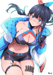 Rule 34 | 1girl, black gloves, black hair, black skirt, blue eyes, blue jacket, blush, bow, bowtie, breasts, cleavage, collarbone, commentary, cowboy shot, crop top, gloves, gridman universe, gridman universe (film), highres, jacket, large breasts, legs, long hair, long sleeves, looking at viewer, microskirt, miniskirt, nakahira guy, navel, official alternate costume, open clothes, open jacket, red bow, red bowtie, skirt, solo, ssss.gridman, takarada rikka, thick thighs, thigh strap, thighs, white background