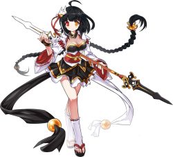 Rule 34 | 1girl, ahoge, ara haan, ara han, beckoning, black hair, braid, breasts, cleavage, dress, elsword, full body, heterochromia, holding, holding weapon, little specter (elsword), long hair, looking at viewer, low-tied long hair, mask, mask on head, medium breasts, official art, polearm, red eyes, ress, smile, solo, spear, transparent background, twin braids, very long hair, weapon, white legwear, yellow eyes