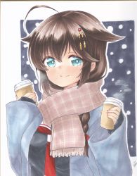 Rule 34 | 1girl, ahoge, alternate costume, black serafuku, blue eyes, braid, brown hair, closed mouth, coat, coffee cup, commentary request, cup, disposable cup, hair flaps, hair ornament, hair over shoulder, highres, holding, holding cup, kantai collection, looking at viewer, marker (medium), neckerchief, red neckerchief, scarf, school uniform, serafuku, shigure (kancolle), shigure kai ni (kancolle), simple background, single braid, smile, solo, traditional media, upper body, winter clothes, winter coat, yuuki chima