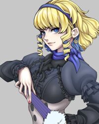 Rule 34 | 1girl, blonde hair, blue eyes, blue hairband, breasts, colored inner hair, constance von nuvelle, drill hair, drill sidelocks, earrings, fire emblem, fire emblem: three houses, garreg mach monastery uniform, hairband, hand fan, highres, holding, holding fan, jewelry, looking at viewer, medium breasts, multicolored hair, nintendo, purple hair, sidelocks, sweaty clothes, two-tone hair, uniform