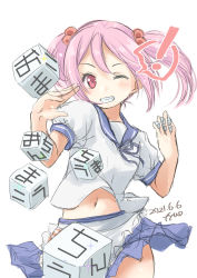 Rule 34 | 1girl, absurdres, apron, artist name, badge, blue sailor collar, blue skirt, cowboy shot, dated, dice, fyuo, hair bobbles, hair ornament, highres, kantai collection, looking at viewer, one-hour drawing challenge, pink eyes, pink hair, pleated skirt, puffy short sleeves, puffy sleeves, sailor collar, sazanami (kancolle), sazanami kai (kancolle), school uniform, serafuku, short hair, short sleeves, simple background, skirt, solo, twintails, waist apron, white apron, white background, wrist cuffs