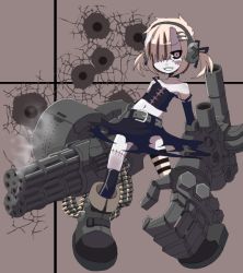Rule 34 | 1girl, ammunition belt, arm warmers, bare shoulders, belt, black sclera, black thighhighs, blonde hair, blush stickers, boots, bullet hole, colored sclera, gatling gun, gauntlets, gun, hair over one eye, headphones, leaning, midriff, mukai keiichirou, original, parted bangs, scar, screw, shadow, skirt, smile, smoke, solo, stitches, strap slip, striped clothes, striped thighhighs, tank top, thighhighs, torn clothes, twintails, weapon, yellow eyes