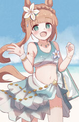 Rule 34 | 1girl, :d, absurdres, animal ears, bare shoulders, bikini, blue bikini, blue sky, blush, braid, brown hair, cloud, commentary request, crown braid, day, flower, hair flower, hair ornament, hands up, highres, horse ears, horse girl, horse tail, long hair, looking at viewer, navel, open mouth, outdoors, sidelocks, silence suzuka (emerald on the waves) (umamusume), silence suzuka (umamusume), sky, smile, solo, sunanuko (ramuneko), swimsuit, tail, umamusume, very long hair, water, white flower