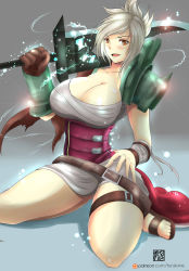 Rule 34 | 1girl, breasts, gradient background, highres, huge breasts, league of legends, riven (league of legends), solo, sword, torahimemax, weapon