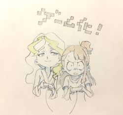 Rule 34 | :3, alternate costume, angry, blonde hair, blue eyes, brown hair, colored pencil (medium), competition, controller, diana cavendish, game controller, highres, japanese text, kagari atsuko, little witch academia, looking at another, motion lines, multicolored hair, robe, shirt, constricted pupils, smug, sweat, sweatdrop, t-shirt, tin zhang, traditional media, two-tone hair, video game, wavy hair