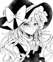 Rule 34 | 1girl, annin cha, artist name, bow, braid, buttons, collared shirt, duplicate, hair bow, hat, hat bow, highres, kirisame marisa, long hair, looking at viewer, monochrome, pixel-perfect duplicate, portrait, shirt, single braid, solo, touhou, vest, white background, witch hat