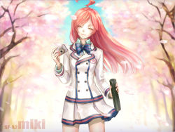 Rule 34 | 1girl, ahoge, bad id, bad pixiv id, blush, bow, camera, cherry blossoms, closed eyes, diploma, female focus, fingernails, happy, light smile, lips, long hair, miniskirt, nail polish, nature, outdoors, petals, plant, pleated skirt, red hair, school uniform, sf-a2 miki, skirt, sky, smile, solo, standing, thighs, tree, vocaloid, wind, yamano uzura