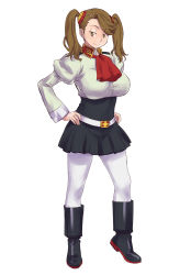Rule 34 | 10s, 1girl, ascot, belt, blouse, blush, boots, breasts, brown eyes, brown hair, female focus, full body, gundam, gundam build fighters, gundam build fighters try, hair ornament, hands on own hips, high-waist skirt, highres, huge breasts, large breasts, long hair, long sleeves, looking at viewer, pantyhose, sazaki kaoruko, shirt, shoumaru (gadget box), skirt, smile, solo, standing, twintails, white background, white pantyhose