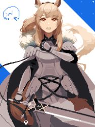 Rule 34 | 1girl, animal ears, arknights, armor, bad id, bad twitter id, black bow, blemishine (arknights), blue background, bow, cowboy shot, flotia 0127, fur-trimmed armor, fur trim, hair bow, hand on own chest, highres, holding, holding sword, holding weapon, horse ears, horse girl, horse tail, long hair, looking up, open mouth, orange eyes, pauldrons, pixel art, ponytail, shoulder armor, simple background, solo, sword, tail, two-tone background, weapon, white background