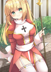 Rule 34 | 1girl, blonde hair, blunt bangs, blush, bow, breasts, brick wall, closed mouth, commentary request, cowboy shot, cross, dress, frilled thighhighs, frills, garter straps, green eyes, high priest (ragnarok online), highres, hime cut, holding, holding staff, juliet sleeves, kawachi (hina), long hair, long sleeves, looking at viewer, medium breasts, plant, puffy sleeves, ragnarok online, red dress, sash, sitting, smile, solo, staff, thighhighs, two-tone dress, white bow, white dress, white sash, white thighhighs
