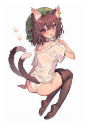 Rule 34 | 1girl, absurdres, animal ear fluff, animal ears, ass, black thighhighs, blush, brown hair, cat ears, cat tail, chen, earrings, fang, fingernails, full body, green hat, hair between eyes, hat, highres, invisible chair, jewelry, long fingernails, mob cap, multiple tails, nail polish, open mouth, panties, qiu ju, red eyes, red nails, sharp fingernails, shirt, short hair, short sleeves, simple background, single earring, sitting, solo, tail, thighhighs, touhou, two tails, underwear, white background, white panties, white shirt