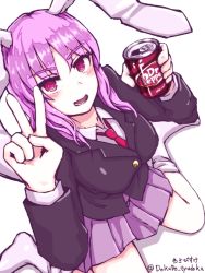 Rule 34 | 1girl, animal ears, blazer, blouse, buttons, can, carrot, collared shirt, dr pepper, drink can, jacket, kneeling, light purple hair, long hair, long sleeves, looking at viewer, necktie, open mouth, purple hair, purple skirt, rabbit ears, red eyes, red necktie, reisen udongein inaba, shirt, sidelocks, simple background, skirt, socks, soda, soda can, solo, teeth, touhou, v, wasabisuke, white background, white shirt, white socks