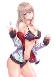 Rule 34 | 10s, 1girl, bikini, bikini under clothes, blue eyes, breasts, brown hair, cleavage, closed mouth, covered erect nipples, girls und panzer, itsumi erika, jacket, large breasts, legs apart, long hair, long sleeves, looking at viewer, navel, off shoulder, open clothes, open jacket, purple bikini, simple background, sleeves past wrists, solo, standing, stomach, swimsuit, white background, white jacket, zucchini