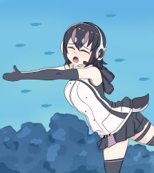Rule 34 | black hair, elbow gloves, gloves, highres, humboldt penguin (kemono friends), kemono friends, kemono friends v project, looking at viewer, lycoris recoil, microphone, multicolored hair, parody, short hair, tail, virtual youtuber