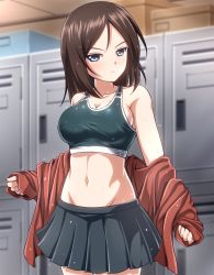 Rule 34 | 10s, 1girl, black hair, black skirt, black sports bra, blue eyes, blurry, blurry background, breasts, cleavage, closed mouth, clothes pull, commentary, cowboy shot, depth of field, frown, girls und panzer, highres, indoors, large breasts, locker, locker room, long hair, long sleeves, looking at viewer, miniskirt, navel, nonna (girls und panzer), off shoulder, pleated skirt, pravda school uniform, red shirt, school uniform, shirt, shirt pull, skirt, solo, sports bra, standing, sweat, swept bangs, undressing, zanntetu