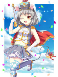 Rule 34 | 1girl, ;d, alternate costume, animal ears, argyle, argyle clothes, argyle legwear, arm up, armpit peek, band uniform, bare arms, bare shoulders, basket, baton, bloomers, blue footwear, blue gemstone, blue sky, boots, cape, cloud, confetti, day, elbow gloves, epaulettes, foot out of frame, fringe trim, gem, gloves, gold trim, grey hair, grey skirt, hand on own hip, hat, knee boots, leaning, looking at viewer, majorette, midriff, miniskirt, mouse (animal), mouse ears, mouse tail, navel, nazrin, one eye closed, open mouth, outdoors, outside border, over-kneehighs, pleated skirt, red cape, red eyes, shako cap, short hair, skirt, sky, sleeveless, smile, solo, standing, standing on one leg, tail, teeth, thick eyebrows, thighhighs, thighhighs under boots, tomo takino, touhou, underwear, upper teeth only, white gloves