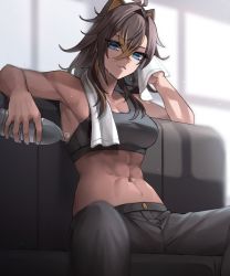 Rule 34 | 1girl, abs, antenna hair, bare arms, bare shoulders, black pants, blonde hair, blue eyes, bottle, breasts, brown hair, cleavage, commentary request, crop top, dazhong (g.marika), dehya (genshin impact), genshin impact, hair between eyes, hair intakes, highres, holding, holding bottle, large breasts, long hair, looking at viewer, midriff, multicolored hair, navel, pants, pointy hair, sitting, solo, sports bra, stomach, streaked hair, water bottle