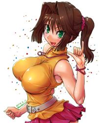Rule 34 | 1girl, amania orz, belt, blush, bracelet, breasts, brown hair, green eyes, jewelry, large breasts, mazaki anzu, necklace, open mouth, ponytail, scrunchie, short hair, skirt, sleeveless, smile, solo, turtleneck, yu-gi-oh!, yuu-gi-ou, yu-gi-oh! duel monsters