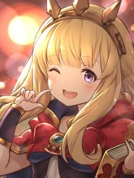 Rule 34 | 1girl, ;d, blonde hair, blush, book, bow, bowtie, bracelet, cagliostro (granblue fantasy), cape, capelet, granblue fantasy, highres, holding, hood, hooded capelet, jewelry, kiikii (kitsukedokoro), long hair, looking at viewer, one eye closed, open mouth, portrait, purple eyes, smile, solo, tiara