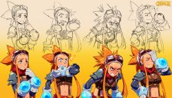 Rule 34 | 1girl, angry, armor, blush, breasts, cryamore, cryamore condenser, detached sleeves, esmyrelda maximus, expressions, facepalm, freckles, gloves, goggles, goggles on head, highres, long hair, midriff, orange hair, pauldrons, red scarf, robaato, scarf, shoulder armor, sidelocks, solo, spiked hair, ^^^, suspenders, sweatdrop, wide-eyed, zoom layer