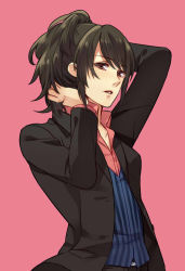 Rule 34 | 1girl, arm up, black hair, black jacket, collarbone, dress shirt, esikodama, formal, gintama, hands in hair, jacket, open clothes, open jacket, pink background, pink shirt, shimura tae, shirt, simple background, solo, striped, upper body, vertical stripes
