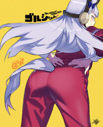 Rule 34 | 1girl, animal ears, ass, back, closed mouth, commentary request, gold ship (umamusume), hair ribbon, highres, horse ears, horse girl, horse tail, jacket, jersey, long sleeves, looking at viewer, looking back, namaniku atk, pants, pantylines, purple eyes, purple hair, red jacket, red pants, ribbon, signature, simple background, smile, solo, tail, track jacket, track suit, umamusume, yellow background