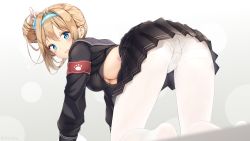 Rule 34 | 1girl, absurdres, all fours, armband, ass, bad id, bad pixiv id, black serafuku, black shirt, black skirt, blue eyes, breasts, brown hair, commentary request, crop top, from behind, girls&#039; frontline, hair bun, hair ornament, hairband, haruka poi, highres, large breasts, long hair, looking at viewer, looking back, midriff, miniskirt, open mouth, pantyhose, pleated skirt, pussy juice, pussy juice trail, sailor collar, school uniform, serafuku, shirt, side bun, single hair bun, single side bun, skirt, solo, suomi (girls&#039; frontline), thighband pantyhose, underboob, white pantyhose