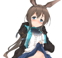 Rule 34 | 1girl, amiya (arknights), animal ears, arknights, black jacket, blue eyes, blue skirt, blush, breasts, brown hair, center frills, closed mouth, clothes lift, commentary request, frills, hair between eyes, highres, hood, hood down, hooded jacket, jacket, lifted by self, long hair, long sleeves, looking at viewer, momio, navel, nose blush, open clothes, open jacket, out-of-frame censoring, pleated skirt, puffy long sleeves, puffy sleeves, rabbit ears, shirt, simple background, skirt, skirt lift, small breasts, solo, white background, white shirt